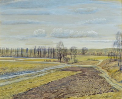 Werner Brand, geb. 1933 Löbau, lebt und arbeitet in der Pfalz, hier: Damm bei Rülzheim, Aquarell über Bleistift, rechts unten signiert, ca. ...