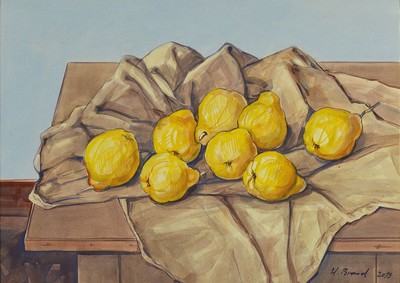 Werner Brand, geb. 1933 Löbau, lebt und arbeitet in der Pfalz, Stillleben mit Quitten, Aquarell auf Papier, rechts unten signiert und dat. 2013, ca. ...