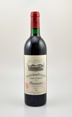 1 Flasche 1988 Chateau Grand-Puy-Lacoste, Pauillac, Grand Cru Classe, ca. 75 cl, 12,5 % Vol., Füllstand: into neck, Etikett min. beschmutzt, ...