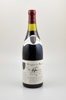 1 Flasche 1981 Hospices de Beaune, Corton, ca. 75 cl, Abstand zwischen Kapsel und Wein: ca. 2,5 cm, Etikett beschmutzt, unverkostet, Provenienz: Aus ...
