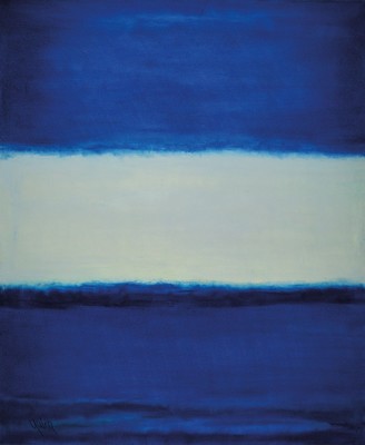 Gaston Gale, zeitgenössischer Belgischer Künstler, Abstrakte Komposition in Blau, Öl/Lwd, links unten sign., ca. 122x100 cm, Leisten