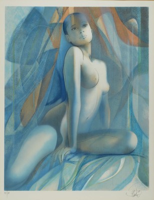 Jean-Baptiste Vladie, Französsischer Künstler,geb. 1933 in Brive, sitzender Weiblicher Akt, Farblithografie, sign., num. 72/150, unter Glas ...