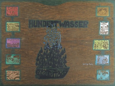 Friedensreich Hundertwasser, 1928-2000, Holzkassette der Regentagmappe, orig. Kassette für 10 Grafiken, innen handsigniert und num. 364/3000, ca. ...