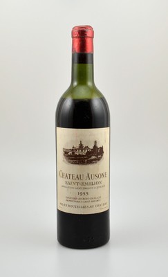 1 Flasche 1955 Chateau Ausone, Saint-Emilion, 1er Grand Cru Classe "A", Füllstand: ca. mid shoulder, Etikett l. gebräunt, unverkostet, ...