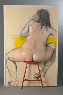 Erhard Goettlicher, geb. 1946 Graz, 3D Rückenakt sitzend auf einem Hocker, sign., betitelt, num. 4/10, dat. 1979, ca. 161x106 cm, Rahmen, Hocker ...