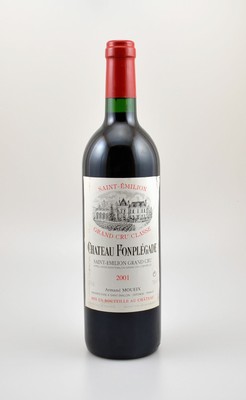 2 Flaschen 2001 Chateau Fonplegade, Saint-Emilion Grand Cru, ca. 75 cl, 13 % Vol., Füllstände: je into neck, Etiketten z.T. beschmutzt bzw. besch., ...