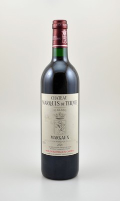 1 Flasche 2001 Chateau Marquis de Terme, Margaux, ca. 75 cl, 12,5 % Vol., Füllstand: cainto neck, Etikett l. beschmutzt unverkostet, Provenienz: Aus ...