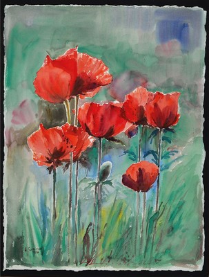 Harald Sommer, 1930-2010, Roter Mohn mit Blütenknospen, Aquarell, links unten sign., dat. 1966, unter Glas gerahmt, motiv ca. 76x58 cm, gesamt ca. ...
