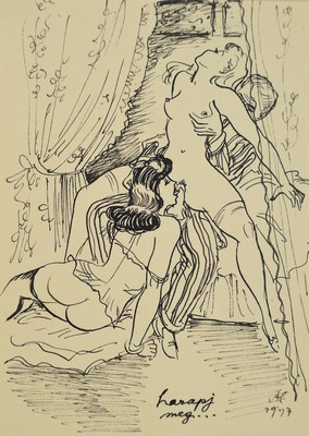 Alexander Szekely, 1901-1940, Konvolut aus 2 Federzeichnungen, Titel: Olympinasz, PP, Motiv ca. 14x11 cm, gesamt ca. 50x40 cm
