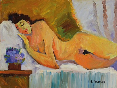 Boris Pavlov, 1928 - 2005, "Liegender Akt- Moskau", um 1968, Öl/Karton, handsigniert, ca.30 x 40 cm, 36-020, Rahmen,