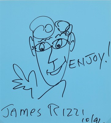 James Rizzi, 1950 - 2011 New York, Filzstiftzeichnung, handsigniert,, bez. Enjoy,dat. 10/92, schwarzer Filzstift auf blauem Papier, ca. 30 x 27.5 cm, ...