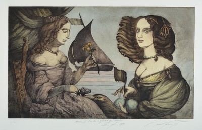 Ernst Fuchs, 1930-2015, zwei Arbeiten: Sophie-Charlotte von Hannover zweifach, Farbradierung von 1987, handsigniert und bez. e.a., handschriftl. ...