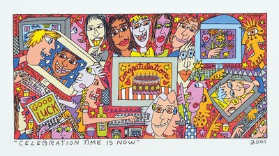 James Rizzi , 1950-2011, celebration time is now, Lithografie, dat. 2001, Motiv ca. 23,5x28 cm, unter Glas gerahmt, gesamt ca. 37x50 cm