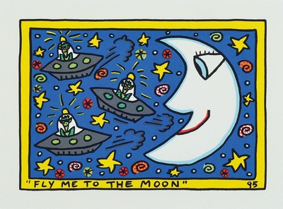 James Rizzi, 1950-2011, Fly me to the Moon, Lithografie, dat. 95, unter Glas gerahmt, Motiv ca. 14x20 cm, gesamt ca. 37,5 x 43,5 cm