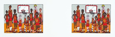 James Rizzi, 1950-2011, 2x Team Photo, Lithografie, Motiv je ca. 7,5x10, gesamt ca. 15,5x36,5 cm