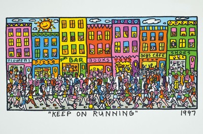 James Rizzi, 1950-2011, Keep on Running, Lithografie, dat. 1997, Motiv ca. 13,5x28, gesamt ca. 23x35 cm