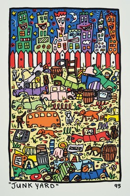 James Rizzi, 1950-2011, Junk Yard, Lithografie, dat. 95, Motiv ca. 25,5x16 cm gesamt ca. 39x24,5 cm, linke obere Ecke fehlt