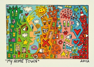 James Rizzi, 1950-2011, My Home Town, Lithografie, dat.2002, Motiv ca. 5,5x8 cm, gesamt ca. 12,5x14,5 cm