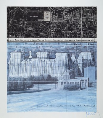Christo und Jeanne-Claude, Wrapped Reichstag, Project for Berlin, Farboffset, handsigniert, Blattgr. ca. 79x59cm, u.Gl., R., Glas gesprungen