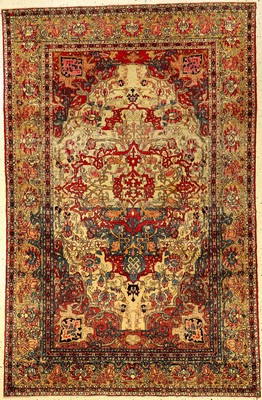 Esfahan antik, Persien, Ende 19.Jhd., Wolleauf Baumwolle, ca. 216 x 140 cm, dekoratives Medaillon Design, Im Stile der Ahmad Werkstätte, EHZ: 4.