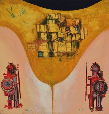 Fritz Jarchov, 1934 Eutin-1983 Heidelberg, Wichtige Wächter, Acryl/Spanplatte, monogr. und dat. 66, ca. 25x25cm, R.