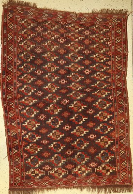 P-Tschaudor "Herdteppich", antik, Turkmenistan, 19.Jhd., Wolle auf Wolle, ca. 184 x 134 cm, (Alters und Gebrauchsspuren)