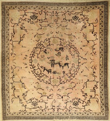 Peking antik (Fo-Hunde), China, Ende 19.Jhd., Wolle auf Baumwolle, ca. 210 x 191 cm, seltenes Design und Format, EHZ: 4