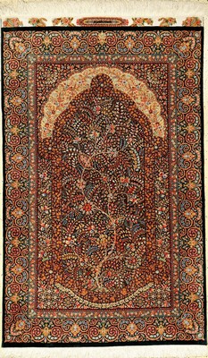 Sehr feiner und einzigartiger Seiden Ghom "Ezatti" (Signiert) "Lebensbaum im Mille-Fleur Stil auf Petrolgrünen Grund" (Unikat, ...