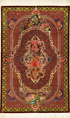 Sehr feiner und einzigartiger Seiden Ghom "Ezatti" (Signiert) "Paradies-Vasen Design mit Tiere und Glücksvögel" (Unikat, ...