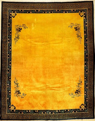 Gelber China Teppich, China, ca. 40 Jahre, Wolle auf Baumwolle, ca. 305 x 245 cm, dekorativ, Meander Borte, EHZ: 3
