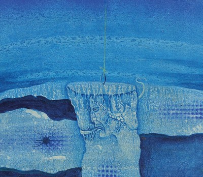 Werner Holz, 1948 Grünstadt-1991 Ludwigshafen, Der Stein der Weißen, Öl/Spanplatte, rückseitig signiert und betitelt, ca. 28x32cm, R. ca. ...