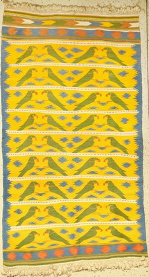 Jugendstil Kelim (Papagai), Europa, um 1940, Wolle auf Baumwolle, ca. 192 x 108 cm, dekorativ, EHZ: 2