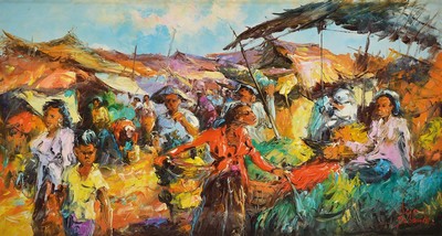 Asus Subandi, zeitgen. Künstler, belebte Marktszene, Öl/Lwd, signiert, ca. 65x 125 cm, R.