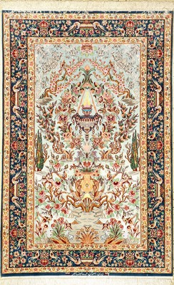 Feiner Seidengrund Esfahan "Nasr" Lebensbaum (Signiert), Persien, ca. 10 Jahre alt, Seide mit Korkwolle auf Seide, ca. 167 x 109 cm, EHZ: ...