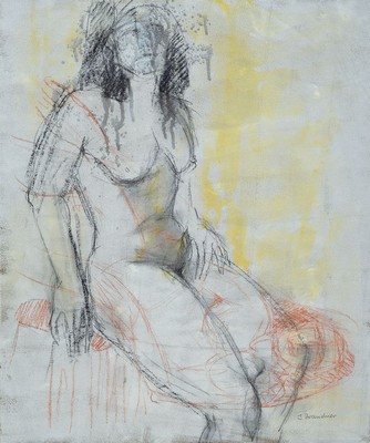 Ingeborg Brandner, geboren 1920, tätig in Dörrenbach, hier doppelter Frauenakt, im Hoch- und Querformat ein sitzender Frauenakt, in Kohlezeichnung ...