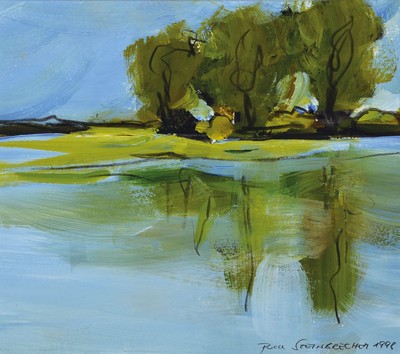 Puck Steinbrecher, geb. 1950 Bad Zwischenhahn, Seelandschaft mit Bäumen, Acryl auf Karton,signiert und dat. 1998, ca. 18 x 20 cm, PP. 23.5 x 30 cm