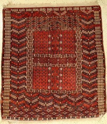Tekke Engsi antik, Turkmenistan, Ende 19.Jhd., Wolle auf Wolle, ca. 136 x 128 cm, selten und sammelwürdig, Seltene Schürze, (Alters und ...
