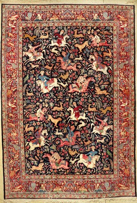 Yazd "Bafte Alah" alt "Signiert" (Jagd Motiv), Persien, um 1940, Wolle auf Baumwolle, ca. 380 x 260 cm, EHZ: 2. Dekorativ. ...