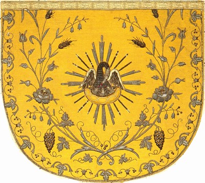Gelber Französischer Seiden "Wandbehang" (Mit Metallbrokat), Frankreich, 17.Jhd., Seiden-Metallstickerei auf gelber Seide. Edel und ...