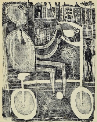 Jean Dubuffet, 1901-1985, L'Home au commun, Lithographie von 1944, rückseitig Ausschnitt aus dem Deckblatt, hier num. 144 (von 150), ca. ...