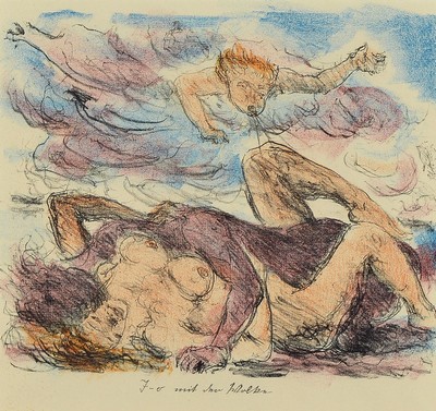Lovis Corinth, 1858-1925, 2 Farblithos: Antiope und der Faun; Io mit der Wolke, je ca. 25x32cm, beide mit PP, u.Gl., R. ca. 60x80cm