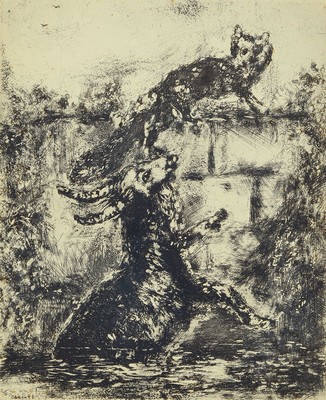 Marc Chagall, 1887-1985, Radierung aus der Serie Fables de La Fontaine, in der Plattesigniert, ca. 30x24cm, u.Gl., R. ca. 44x34cm, leicht fleckig