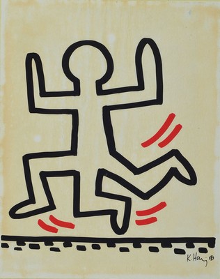 Keith Haring, 1958-1990, Lithographie aus der Serie Sali Adalt, auf dünnem Pergament-Papier, drucksigniert, ca. 29x22cm, gebräunt, u.Gl., R.