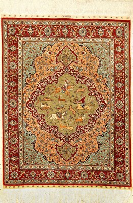 Feiner Seiden Hereke "Özipek" alt (Signiert), Türkei, um 1970, reine Naturseide. Feiner Seiden Hereke mit Hunting-Medaillon Muster. ...