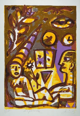 A.R. Penck, geb. 1939 Dresden-2017 Zürich und Gottfried Bräunling geb. 1947, Figürliche Komposition mit weiblichem Akt, Lithografie, von beiden ...
