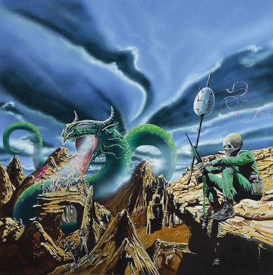 Franz-Josef Bettag, zeitgenössischer Maler, surrealistische Komposition mit Drache, Ei und Skelett in Uniform, Acryl/Hartfaser, unsign., ca. 80x80cm