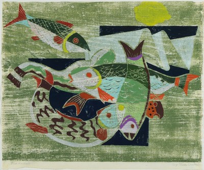 Rolf Müller-Landau, 1903-1956 Bad Bergzabern, Fischkaskade, Farbholzschnitt, handsigniert und betitelt, ca. 43x53cm, PP, u.Gl., R., ca. 64x71cm, R.