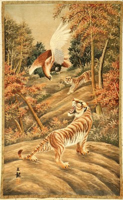 Feine und seltene japanische "Seidenstickerei" antik (Tiger & Adler), Japan, Ende 19.Jhd., Seidenstickerei mit original Kimono- Stoff ...