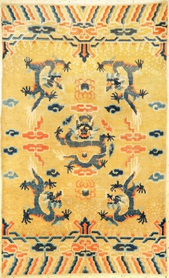 Gelber Ning-Hsia "Wandbehang" antik (Drachenteppich), Westchina, 19.Jhd., Wolle geknüpft auf Baumwolle. Seltener Ning-Hsia mit fünf ...