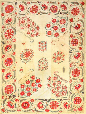 Nurata "Susani" antik, Usbekistan, 19.Jhd., Seidenstickerei auf Baumwollgewebe. Seltene Nurata Susani aus dem Südwesten Usbekistans mit ...